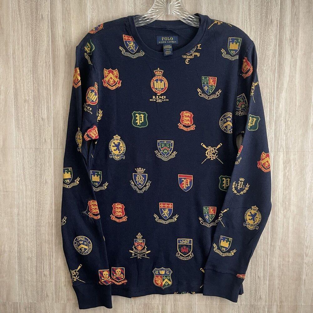 Polo Ralph Lauren Thermal Waffle Shirt Mens Sz S Blue Crest Pattern Sleepwear